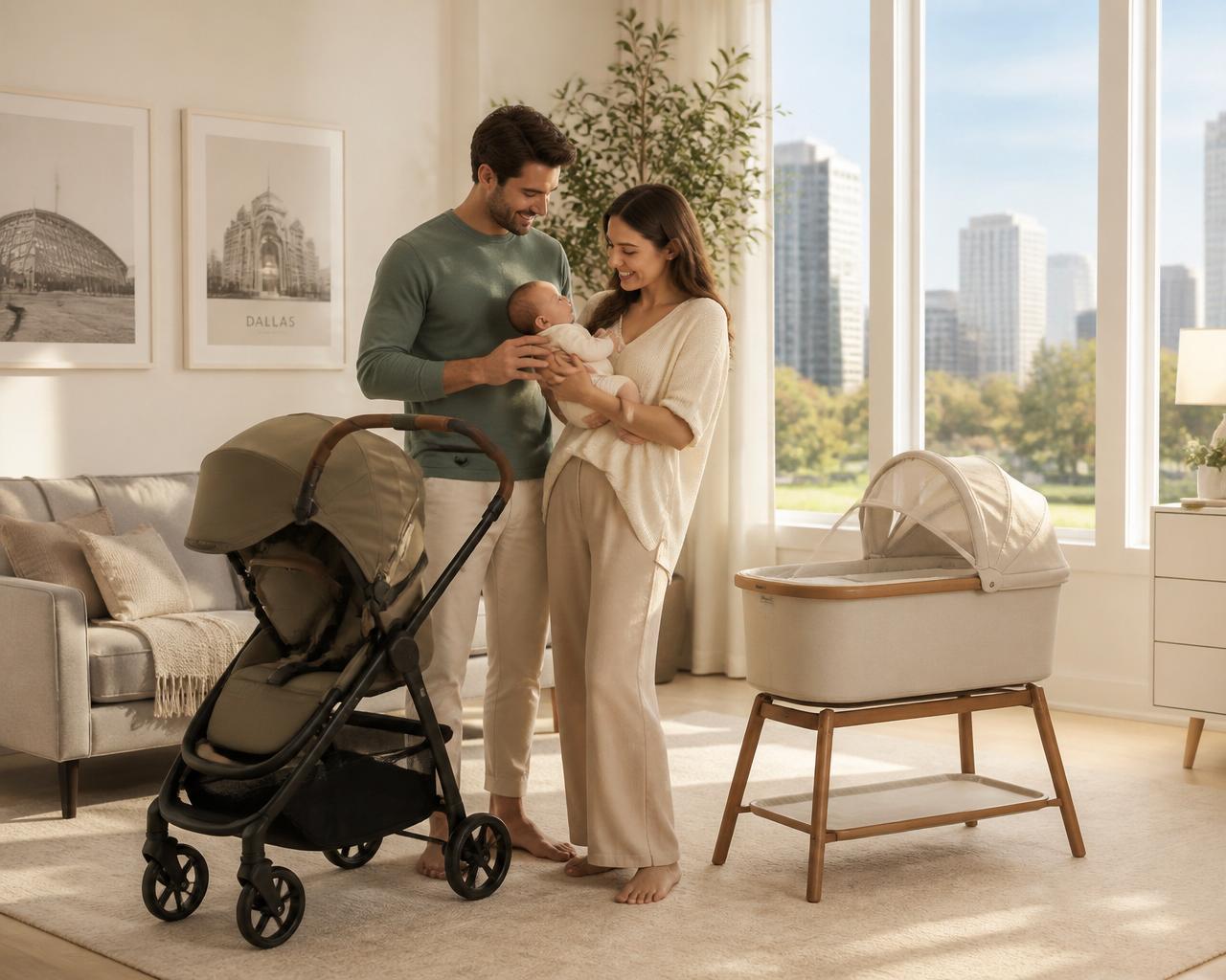 Happy family in a sunlit Dallas nursery with a sleek stroller and smart bassinet